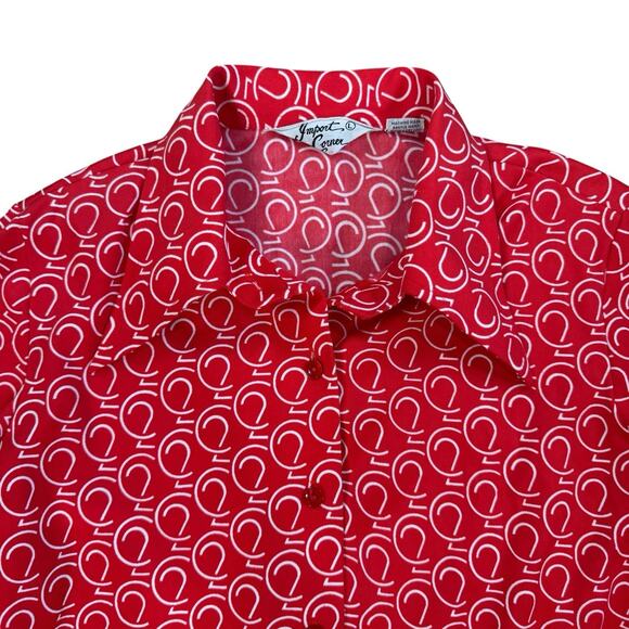 70s Import Corner Red White modernist Geo Print polyester blouse S/M - Picture 2 of 13